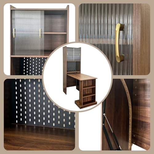 Folding Desk with Storage, Fold Out Desk Space-Saving Workstation, Wall Mounted & Foldable Design for Home Office, Bedroom, Dorm, Includes Shelves, Pegboard & Sliding Glass Doors, Walnut
