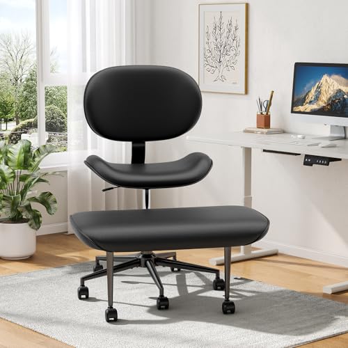 Cross Legged Office Chair with Wheels for ADHD, Ergonomic 360° Swivel Height-Adjustable Meditation Chair for Yoga, Wide Kneeling Chair with Strong Lumbar Support, PU Leather, Black - color: Black-pu