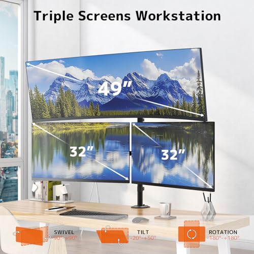 PUTORSEN Triple Monitor Mount for Up to 49" Ultrawide and 32" Monitors - color: Black, size: 49" Centra & 32" Sides