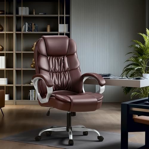 Homall Office Chair High Back Computer Chair Ergonomic Desk Chair, PU Leather Adjustable Height Modern Executive Swivel Task Chair with Padded Armrests and Lumbar Support (Brown) - color: Brown