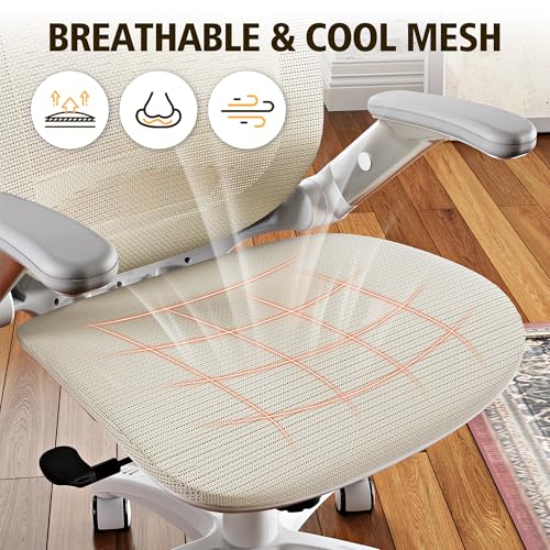 GABRYLLY Ergonomic Office Chair, High Back Home Desk Chair with Headrest, Flip-Up Arms, 90-120° Tilt Lock and Wide Cushion, 300LBS Mesh Chairs for Man Woman, White Task Chair(Beige,GY01WBG) - color: White Frame Beige Mesh