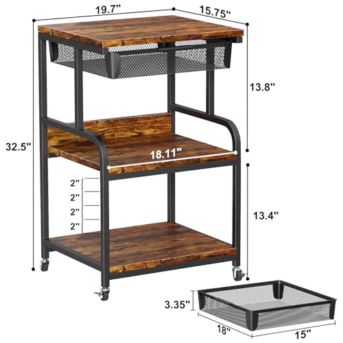 Large Printer Stand with Drawer, 3-Tier Industrial Rolling Cart | 5 Adjustable Shelves, Mobile Printer Table for Desk & Home Office, Fits 3D Printer, Scanner and Fax Machine Rustic Brown - color: Rustic Brown, size: Large(19.7"L X 15.7"W X 32.2"H)