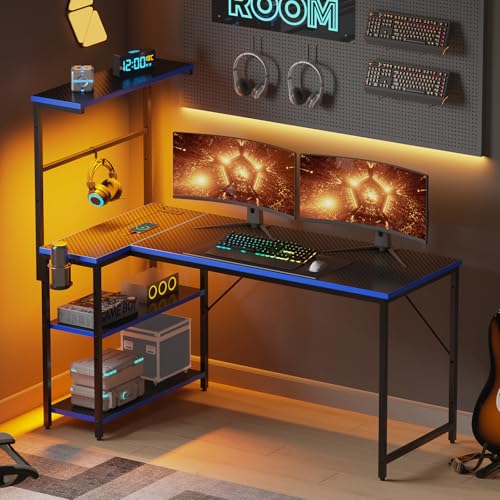 51" L-Shaped Gaming Desk with Power Outlets LED Lights, Black&Blue - color: Black&blue, size: 51 Inch