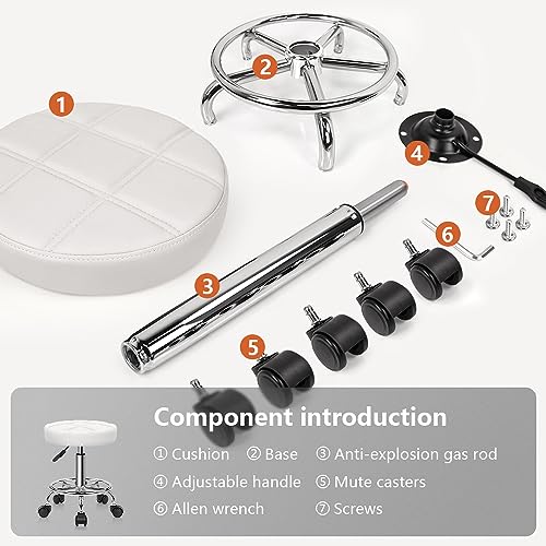 KKTONER Round Rolling Stool Chair PU Leather Height Adjustable Swivel Drafting Work SPA Shop Medical Salon Stools with Wheels Office Chair Small (White) - color: White