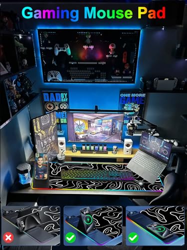 XXL Mouse Pad with Phone Holder - Black, RGB Desk Mat with 15W Fast Charging, LED Gaming Mousepad with 11 Light Colors, Waterproof Non-Slip Pad for Office & Home (Topographic) - color: Topographic