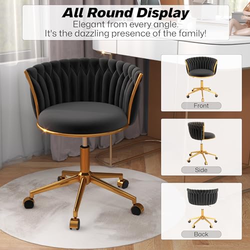 HENGJIANYI Velvet Woven Home Swivel Vanity Desk Chair with Gold Base, Black | Modern Height Adjustable Office Chair with Metal Base and Hand Weaving Back Wheels for Bedroom Study Small Space girl women - color: Black