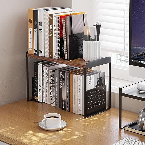 Mitus Stacking Wood Shelf Organizer, Counter Cabinet Storage Rack, 16 inch - color: Black + Walnut Brown, size: 16 IN