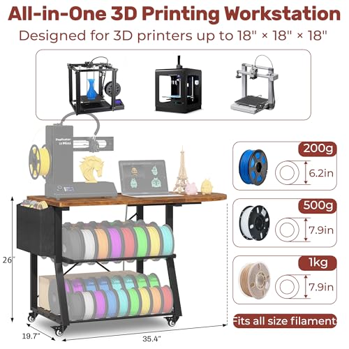 3D Printer Stand with Foldable Desktop & Fabric Drawer – Compact Rolling 3-Tier 3D Printer Table with Power Outlet & X-Bracket Stability for Small Spaces, Home, Workshop - color: Brown, size: 35.4" x 29.7" x 26" H