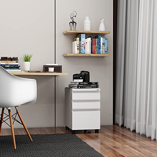 3 Drawer File Cabinet with Wheels, Metal Filing Cabinet with Lock, Office Rolling File Cabinets for A4/Legal/Letter Size, Assembly Required, White - color: White, size: 3 Drawer (Wheel)