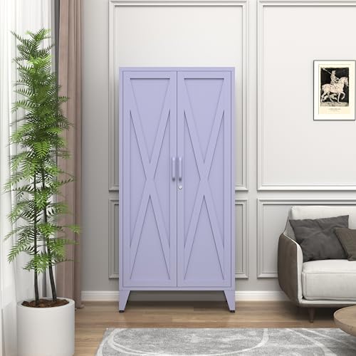 Purple Metal Pantry Cabinet with Lock,Freestanding Steel Storage Locker with 3 Adjustable Shelves,Heavy Duty Metal Storage Cabinet for Kitchen, Living Room,Laundry,Garage 61" H X 27.6" W X 13.8" D - color: Purple, style: 61"H-Cabinet-DX