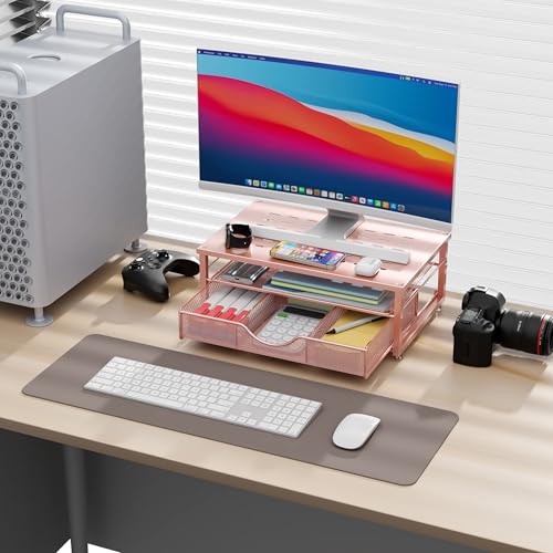 Computer Monitor Stand Riser with Drawer - color: Rose Gold
