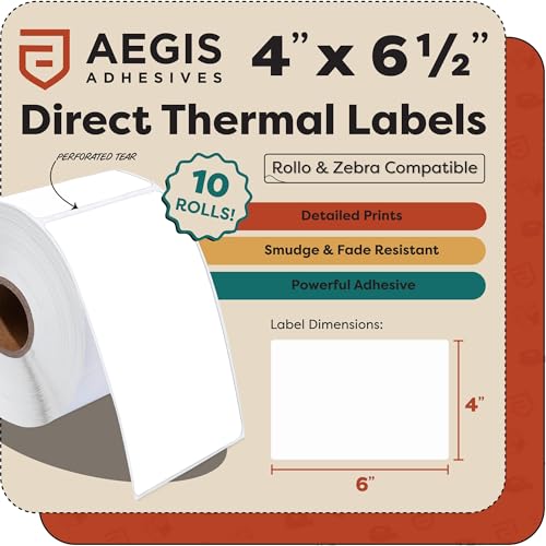 4" X 6.5" Direct Thermal Labels (2000 Count, 10 Rolls) - Extended | Postage Shipping Labels and Barcode Stickers - 1" Core Compatible With Zebra and Rollo Printers - Aegis Adhesives - size: 4" X 6.5"