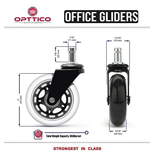 Office Chair Caster Wheels Replacement - Set of 5 Hardwood Floor Chair Wheels - No Chair Mat Needed - 3" Rollerblade Style Heavy Duty Desk Chair Casters with Soft Rubber Wheels, Smooth & Silent