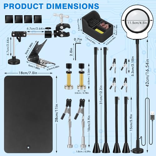 Magnetic Helping Hands Soldering Station with 5X LED Magnifying Lamp, 6 Flexible Arms, 360° Soldering Clamp, Heavy Duty Base, Magnetic Third Hand Tool for Precision Soldering, Electronics & DIY