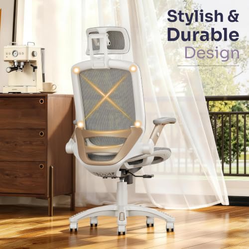 GABRYLLY Ergonomic Office Chair, High Back Home Desk Chair with 2D Flip-Up Arms, 3D Headrest, 90-120° Tilt and Wide Cushion, Big and Tall Mesh Chairs for Man Woman, White Computer Task Chair - color: White Frame White Mesh