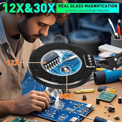 12X 30X Magnifying Glass with Light and Clamp, Soldering Helping Hand | 3-Section Swing Arm Hands-Free Workbench Lighted Magnifier, 5 Color Stepless Dimming, LED Desk Lamp for Craft Hobby Painting - color: Black, size: 12X 30X