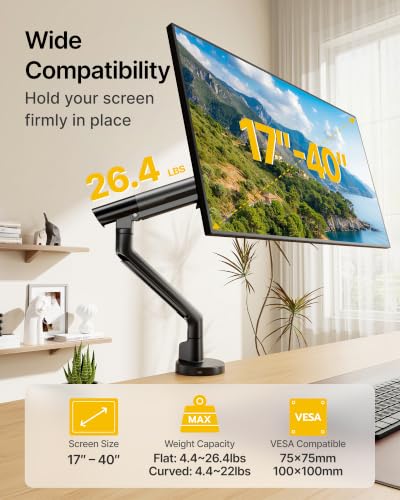 monTEK USB Monitor Arm for 17-40" Screens, 26.4 lbs, Black | USB ports, mechanical spring, tension indicator, full motion, VESA 75/100, clamp/grommet bases and cable routing - color: Black, size: with USB