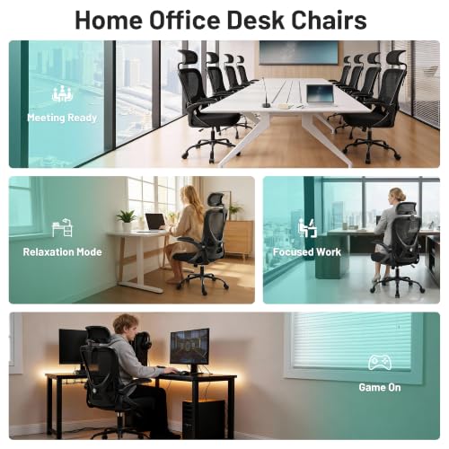 AreShark Office Chair - Ergonomic Desk Chair Breathable Mesh Chair with 2D Headrest & Adjustable Lumbar Support - Executive High Back Rolling Swivel Computer Gaming Chair with Wheels Flip-up Armrests - color: Black/Black