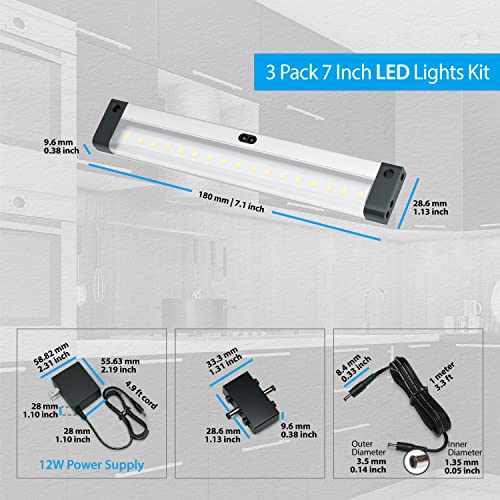 EShine Hand Wave Activated Under Cabinet LED Lighting Kit, Dimmable, 3-Pack 7 in - Touchless Dimming Control, Black Under Counter Lights for Kitchen, Garage, Office, Shelf - Warm White (3000K) - size: 3 pack