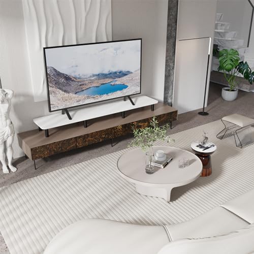 Dual Monitor Stand Riser 43.7 inch Large Extra Long Monitor Stand Riser Wide TV Stand Riser Monitor Stand for 2 Monitors Wood & Steel Leg Desktop Riser Desk Organization Home Office (White) - color: White