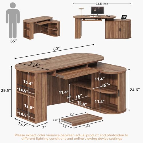 HSH L Shaped Office Corner Desk with Storage Cabinet Walnut 60 Inch - color: Walnut