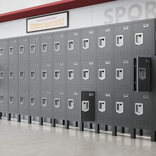 BUTISOW 3 Door Employee Metal Locker w/Card Slot for School Gym Office | Ventilated Metal Steel Locker with Mirror & Multi Hooks for Secure Storage - color: Grey, size: 3 Door - (66.15" H x 11.8" W x 11.8" D)