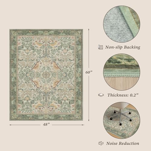 Vintage Farmhouse Office Chair Mat for Hard Wood Floors, Anti-Slip Floral Bird Floor Protector for Heavy Duty Computer Chair, 48"x60" Low Pile Under Desk Rug, Sage Nature Botanical Indoor Décor - color: Bird - Sage Green, size: 4' x 5'