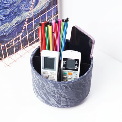 Round Leather Art Supply Organizer,Remote Control Holder,360 Degree Spinning,Multi-Functional Pencil Holder,4 Compartments Desktop Stationary Organizer(1-Hill Blue) - color: 1-Hill Blue