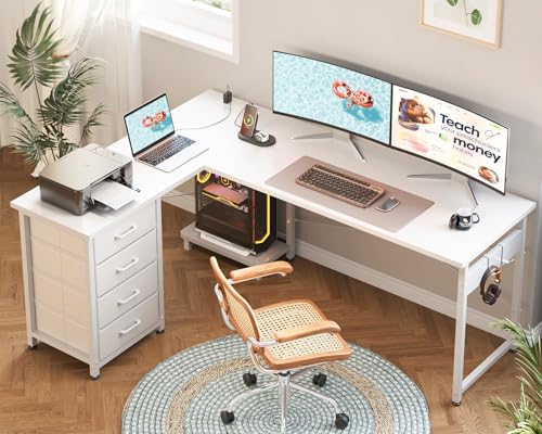 AODK 61" L Shaped Gaming Desk with 4 Drawers and Power Outlets, White | USB Ports, PC Tower Stand, Hooks, Reversible Corner Layout for Gaming Rooms, Bedrooms and Home Office - color: White, size: 61 Inch