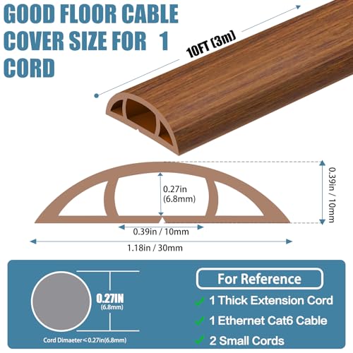 Floor Cord Covers for Wires 10FT Cable Hider Wire Cover Self Adhesive Cord Hider Floor for Offices, Homes, Workshops, Warehouses Cable Cavity 0.39" W x 0.27" H - color: Brown Wood, size: 1.18" x 10'