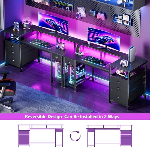 Furologee 52" Gaming Desk with 4 Drawers & LED Lights, Power Outlet, Black - color: Black, size: 52 Inch