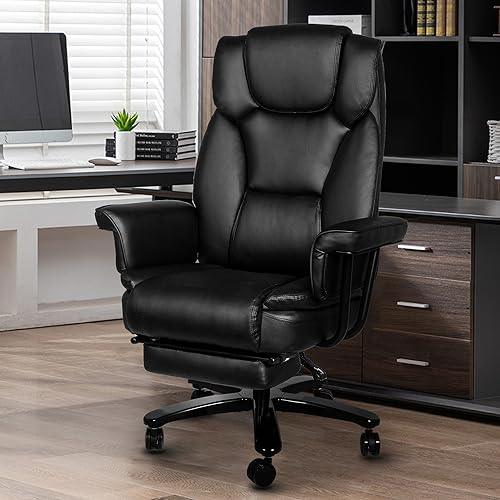 Reclining Office Chair with Footrest, Big and Tall Home Office Desk Chairs 400lbs with High Back, Criss Cross Wide Seat, Heavy Duty Base, Pu Leather, Black - color: Black