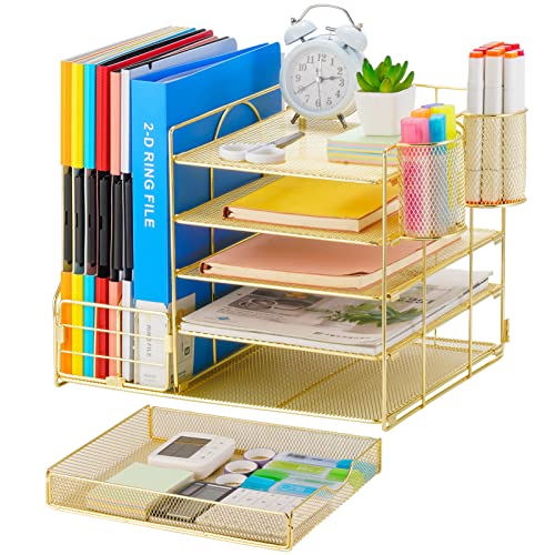 Marbrasse Desk Organizer with File Holder, 5-Tier Paper Letter Tray Organizer with Drawer and 2 Pen Holder, Mesh Desktop Organizer and Storage with Magazine Holder for Office Supplies (Gold 2p) - color: Gold 2p