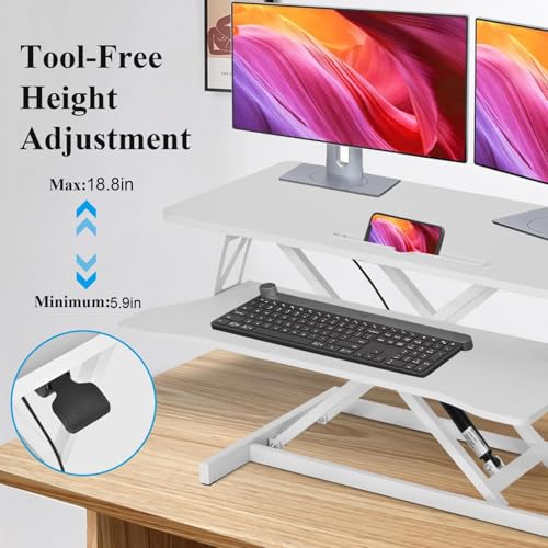 37 Inch Standing Desk Converter, Height Adjustable Desk Riser with Gas Spring Lift, Dual Monitor & Laptop Workstation, Sit Stand Desktop Converter with Wide Keyboard Tray for Home Office - color: White