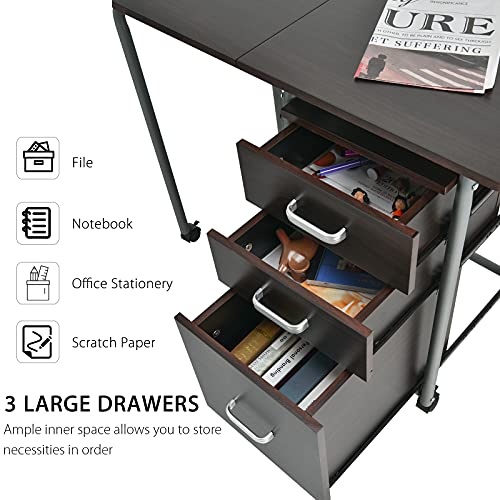 Tangkula Folding Computer Desk with 3 Storage Drawers, Mobile Home Office Desk Study Writing Desk with Smooth Wheels, Space Saving Compact Desk for Dorm Apartment, Rolling Folding Desk Table - color: Brown