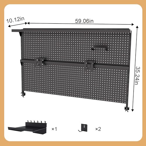 Metal Pegboard Desk Organizer with Dual Monitor Stand, 59x35 Inch Clamp-On Privacy Panel, Carbon Steel Gaming Desk Wall Organizer with 3 Accessories, Black Office Desk Storage System