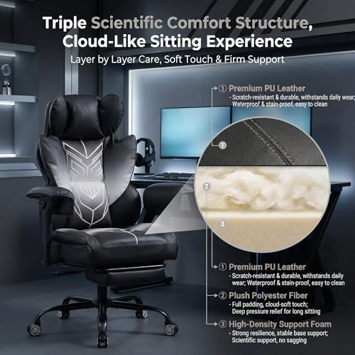 Big and Tall Gaming Office Chair 400lbs - Heavy Duty Ergonomic Computer Desk Chair with Footrest, Adjustable Armrests, High Back PU Leather with Racing Style (Black/White) - color: Black/White