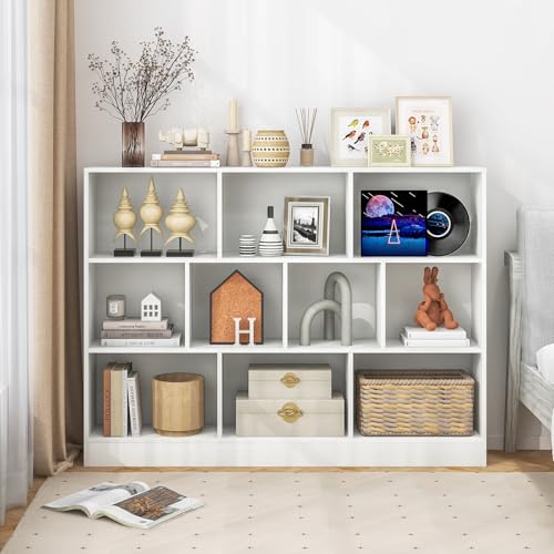 Tangkula 10-Cube Bookshelf, 55”L Floor Bookcase with 2 Anti-Tipping Kits, Freestanding Storage Organizer, 4-Tier Display Shelf for Home, Office & Dorms (White, 10-Cube-Large) - color: White, size: 10-Cube-Large