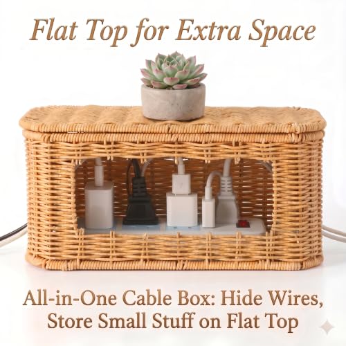 Small Cable Management Box, Mini Wicker Basket for Hiding Cords & Power Strips - size: Small