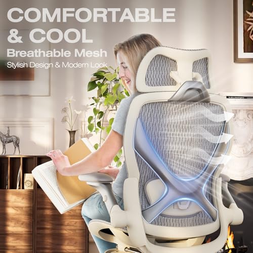 ELABEST X100 Ergonomic Mesh Office Chair with Footrest, Big and Tall Home Desk Chair with 5D Flip-Up Arms, Adjustable 3D Lumbar Support, Gaming & Executive Computer Chair (First Light) - color: First Light