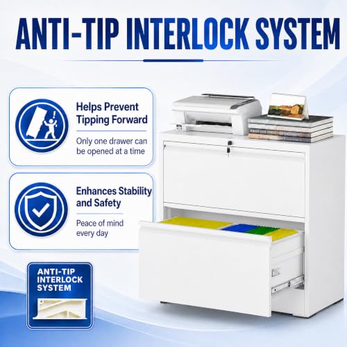 2 Drawer Lateral File Cabinet with Lock, 35.4" W File Cabinet - color: White, size: 35.4"W - 2 Drawer