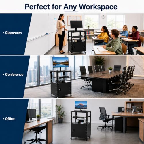 Height Adjustable Mobile AV Cart with Lockable Cabinet, Heavy Duty Rolling Presentation Workstation with Power Outlet & USB Ports, Pull-Out Laptop Tray for Office Classroom Home - size: 24x18x41.5in