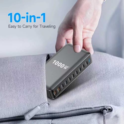 Famous Tech Shop 1000W GaN 10-Port USB-C Charging Station with 240W Cable, Fast Desktop Charger for Laptops, Tablets, Phones, Gaming Consoles