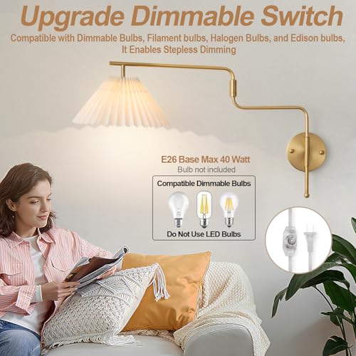 Gold Swing Arm Wall Sconce Set of 2,Plug in Wall Sconces with White Pleated Fabric Shade,Hardwired Wall Light Fixtures with Dimmable Switch for Bedroom Bedside, Living Room, House Reading