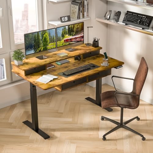 Kingant Electric Standing Desk with 4 Drawers, Height Adjustable 55"x 30" - color: Rustic Brown, size: 55" x 30"