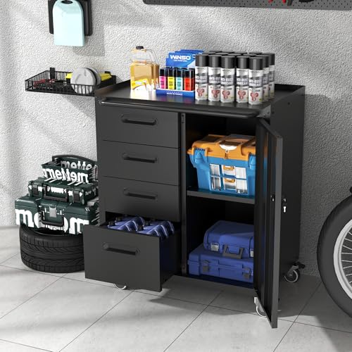Metal Storage Cabinet for Garage, Tool Cabinet, Utility Cabinet - color: Black, size: M - 4 Drawers & 1 Door (Wheeled)