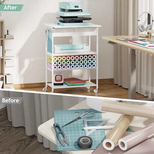 Homsorout Movable Heat Press Table with Drawer & Hooks, 23.6''×19.6'' - style: White