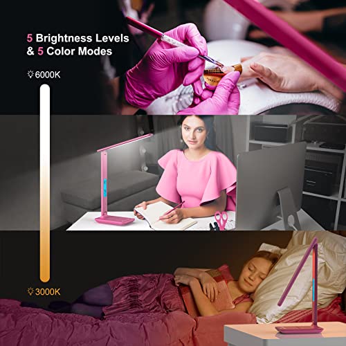 Desk Lamp, LED Desk Lamp with Wireless Charger, USB Charging Port, Table Lamp with Clock, Alarm, Date, Temperature, Office Lamp, Desk Lamps for Home Office, Pink - color: Pink