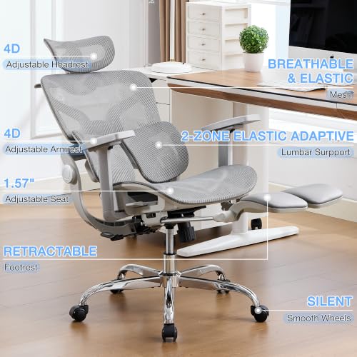 Ergonomic Mesh Office Chair with 2-Zone Lumbar Support and Footrest,Grey | Big and Tall, 400LBS, Adjustable Seat Depth, 4D Headrest, 4D Armrests Swivel Executive Chair for Home Office - color: Grey