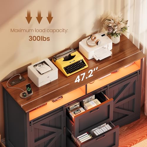 SEDETA 47.2" File Cabinet, 2 Drawers Filing Cabinets for Home Office fit Legal/Letter/A4 File, Farmhouse File Cabinet with Barn Door & Power Outlets, Printer Stand with Storage & LED Lights, Black - color: Black